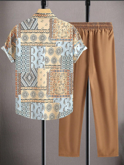 Men's Ethnic Patchwork Print Button Up Shirt and Drawstring Tapered Leg Pants Set