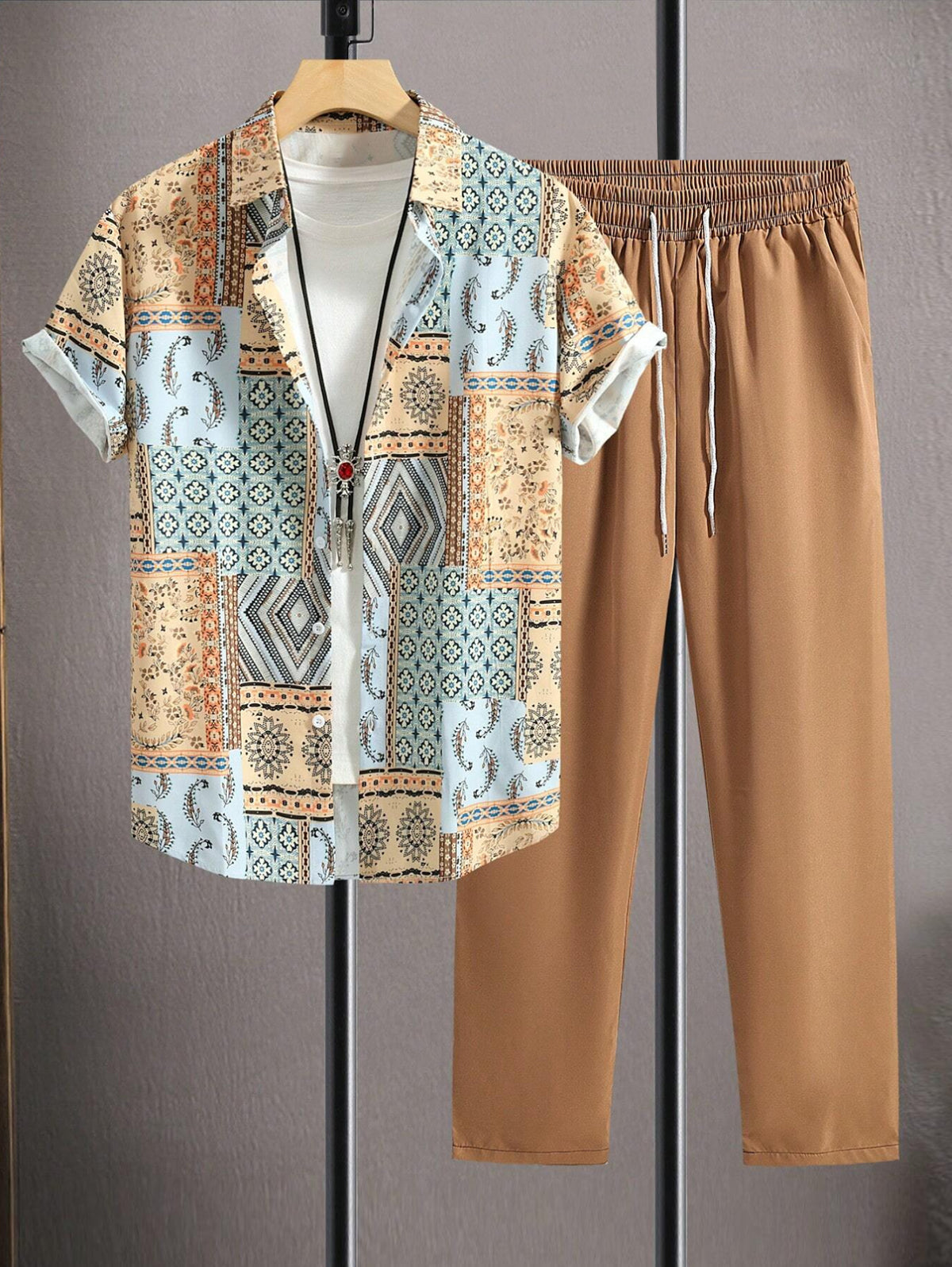 Men's Ethnic Patchwork Print Button Up Shirt and Drawstring Tapered Leg Pants Set