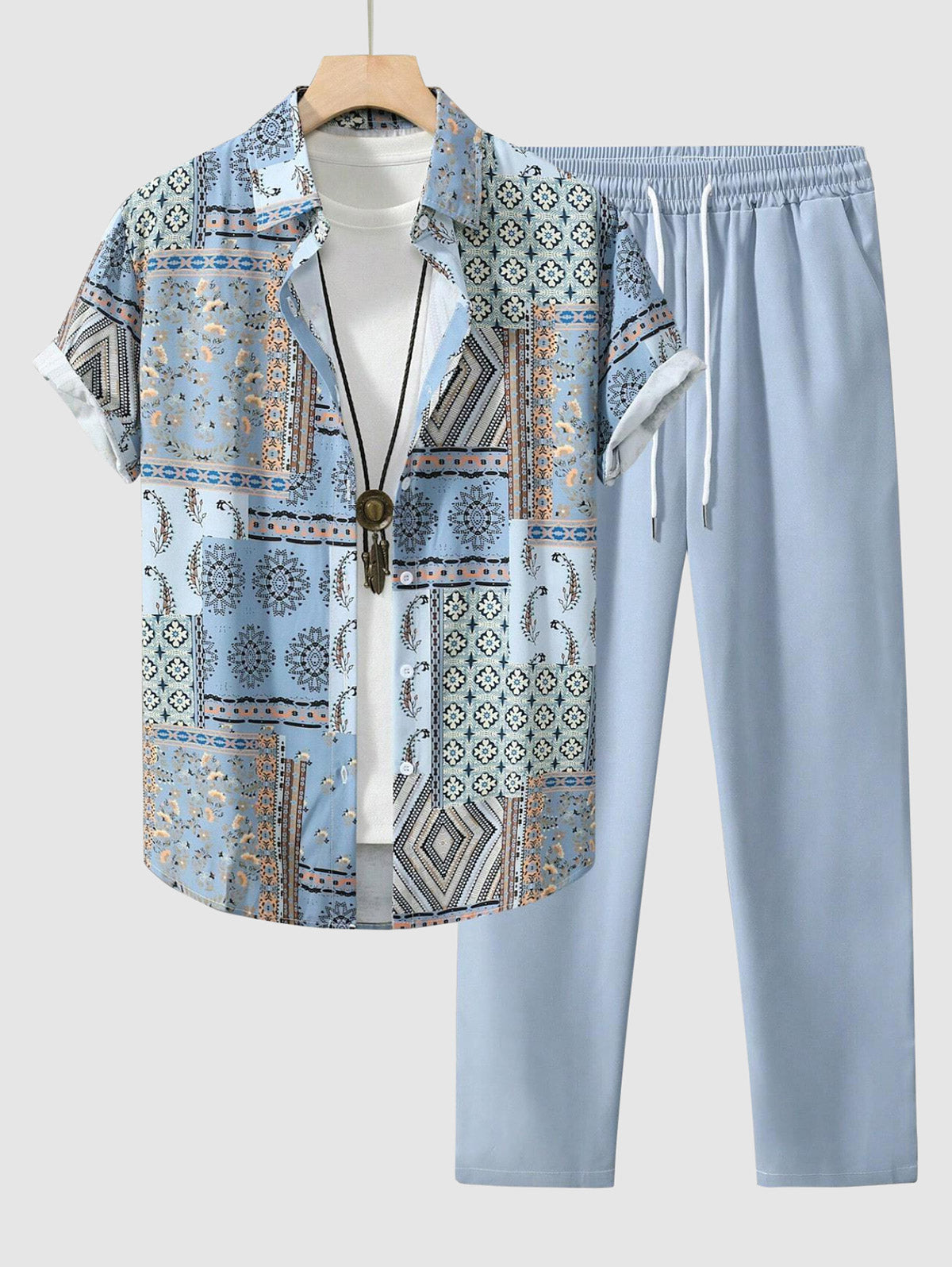 Men's Ethnic Patchwork Print Button Up Shirt and Drawstring Tapered Leg Pants Set