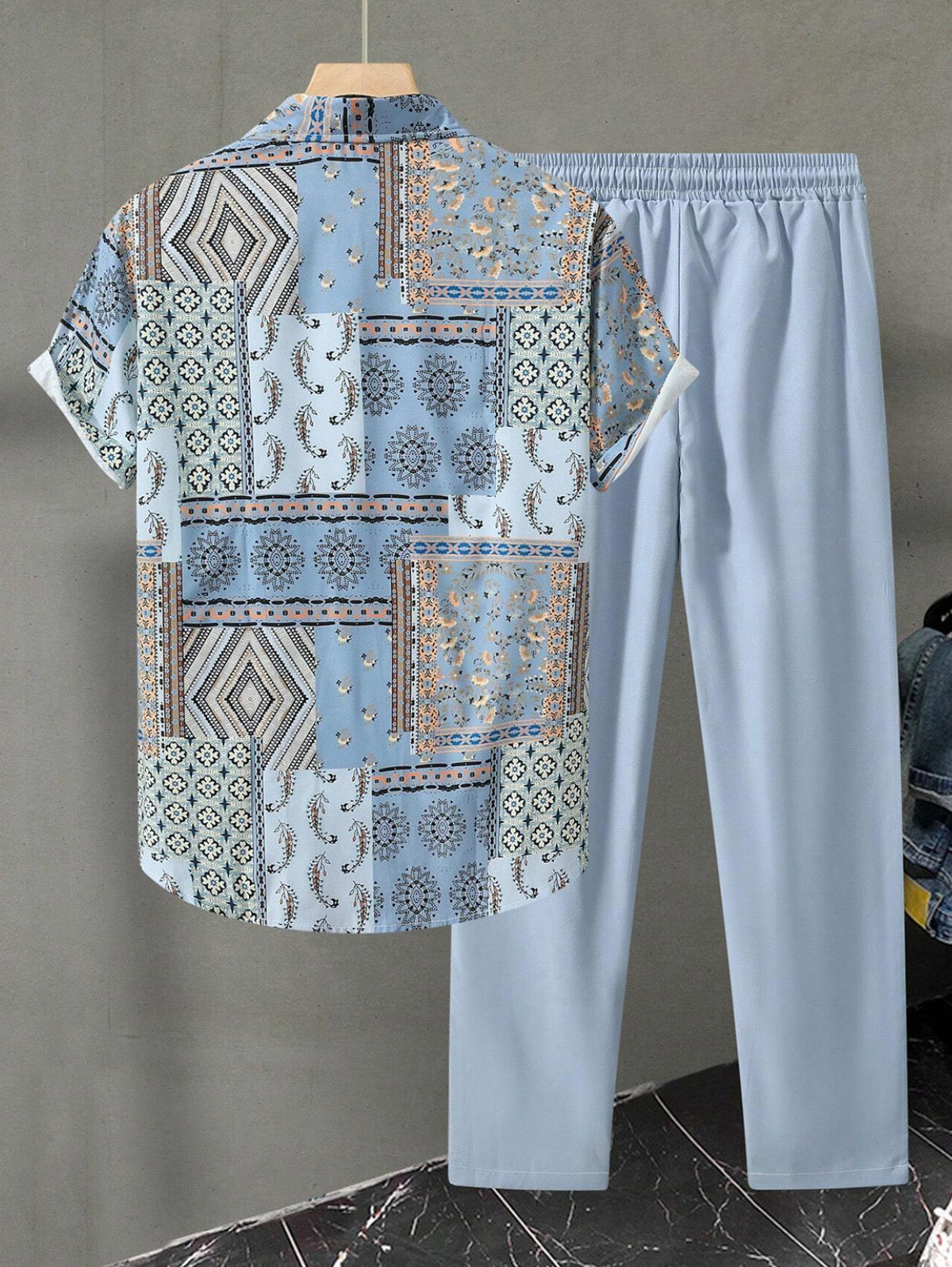 Men's Ethnic Patchwork Print Button Up Shirt and Drawstring Tapered Leg Pants Set