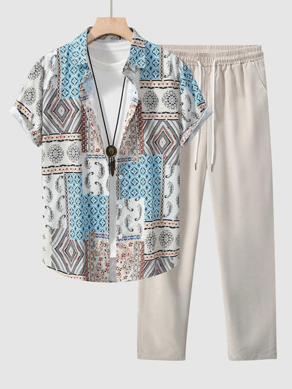 Men's Ethnic Patchwork Print Button Up Shirt and Drawstring Tapered Leg Pants Set