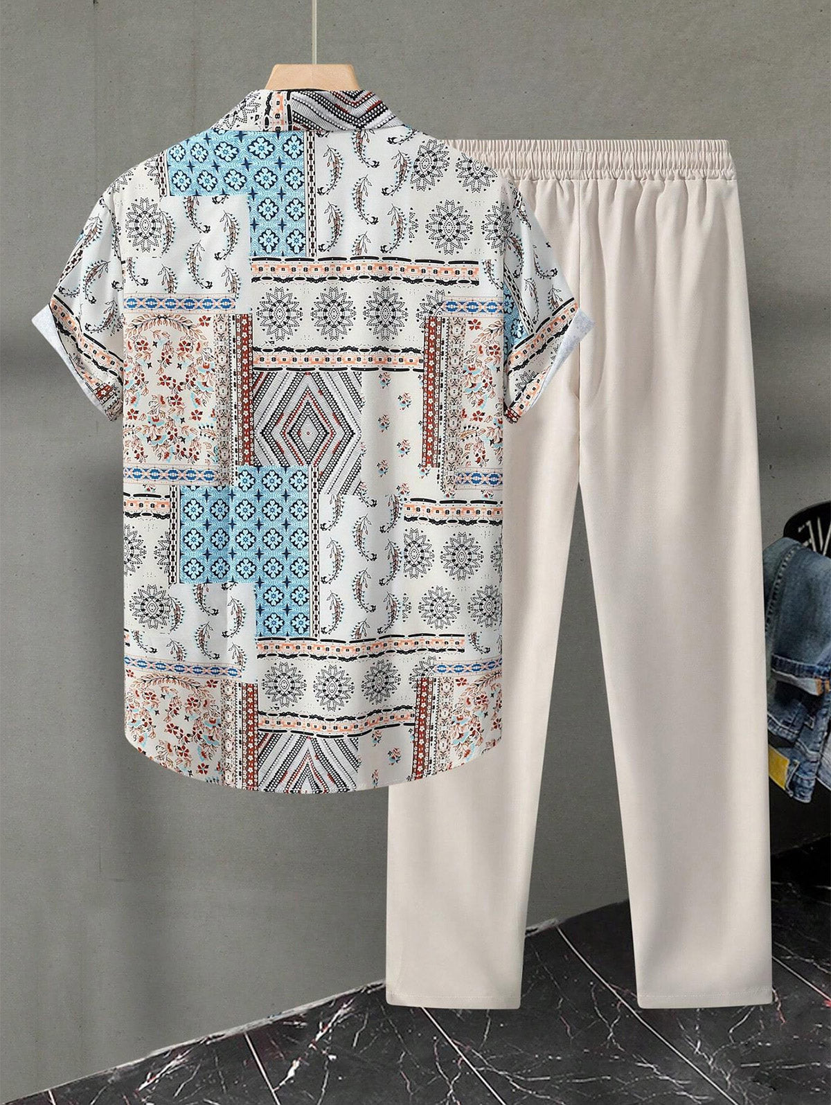 Men's Ethnic Patchwork Print Button Up Shirt and Drawstring Tapered Leg Pants Set