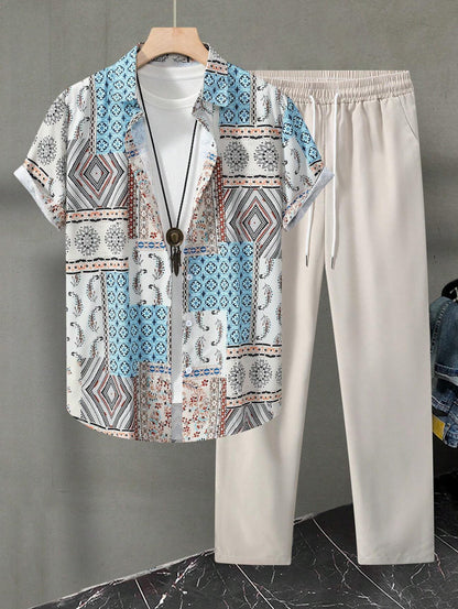 Men's Ethnic Patchwork Print Button Up Shirt and Drawstring Tapered Leg Pants Set