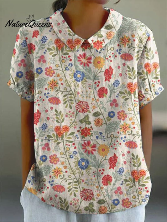 Women's  Pastoral Floral Art Print Casual Cotton And Linen Shirt